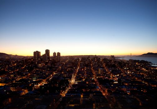 An evening cityscape of San Francisco taken from the Coit Tower