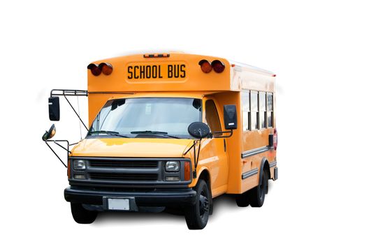 A yellow isolated school bus on white