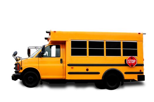 A yellow isolated school bus on white