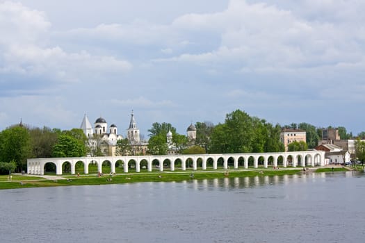 View on Yaroslav's Court, on the Volkhov river in Veliky Novgorod, Russia.