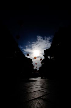 A street with Chinese New Years decorations