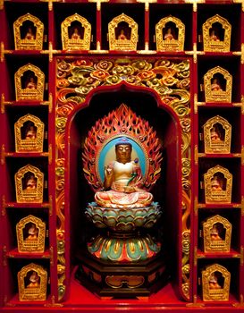 Buddha statues in a display case in a temple