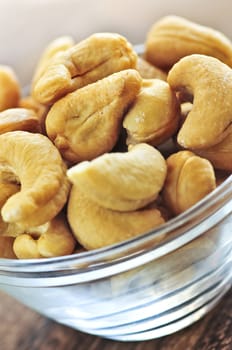 Close up of cashew nuts in glass bowl