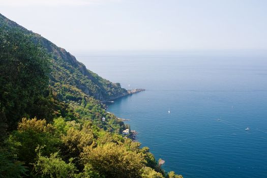 beautiful view of San Nicolo village and Punta Chiappa in Camogli, Liguria, Italy