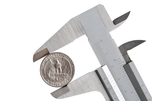 caliper with a quarter dollar coin isolated on white background with clipping path