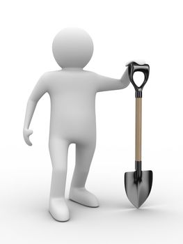 Man with bucket and shovel on white background. Isolated 3D image