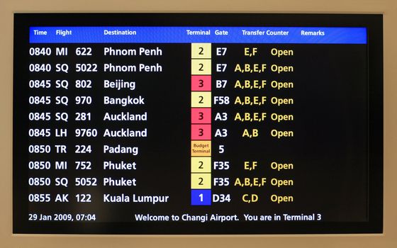 Flight announcement shows time of departure on a screen