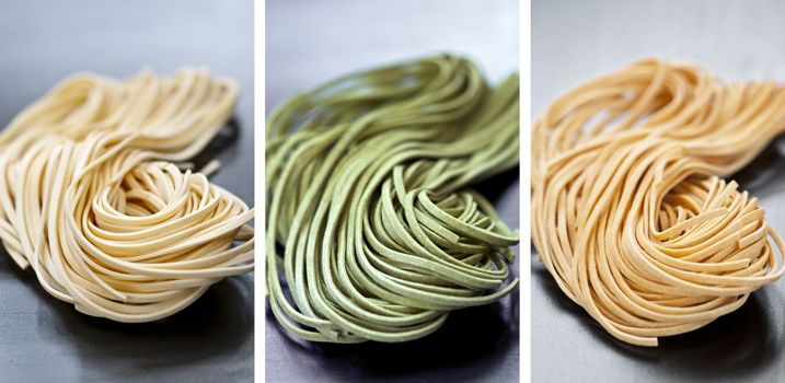 Assorted bundles of colorful raw tagliolini pasta noodles