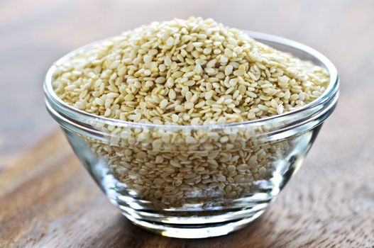 Sesame seeds close up in glass bowl