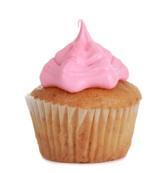 cupcake with pink sugar icing, white background