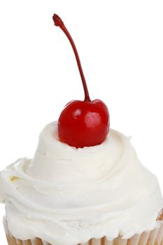 white cupcake icing with maraschino cherry