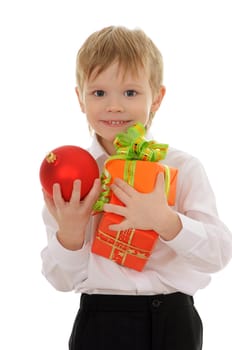 The child with gifts isolated on white background