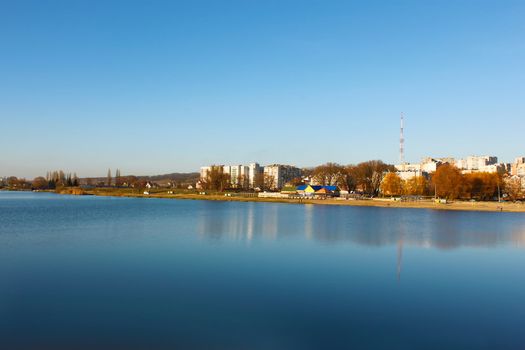 City on the bank of the reservoir. Khmelnytsky, Ukraine