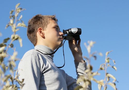 Boy with binoculars in hand in summer day