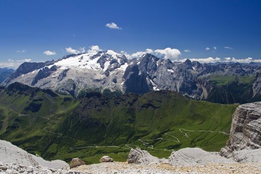 Marmolada and Pordoi pass from Piz Boe', italian dolomites