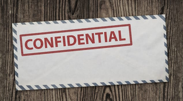 Confidential  envelope on wooden background, clipping path.