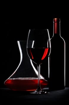 Red wine. Bottle, glass and decanter silhouette