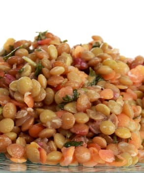 closeup on texture of lentil salad, white background