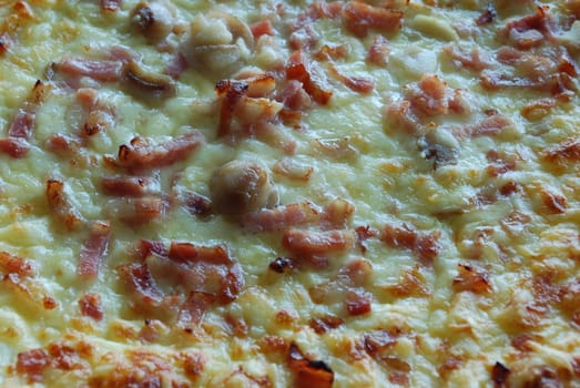 cheese, ham, mushroom and bacon pizza