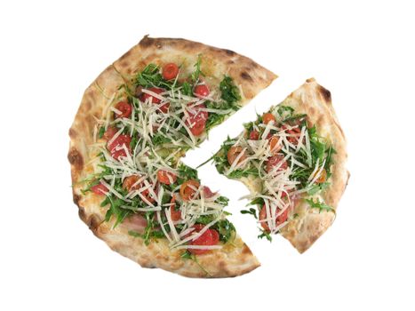 Italian pizza with uncooked fresh tomatoes, cheese and rocket, isolated on white.