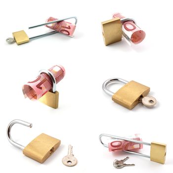 money and padlock collection isolated on a white background