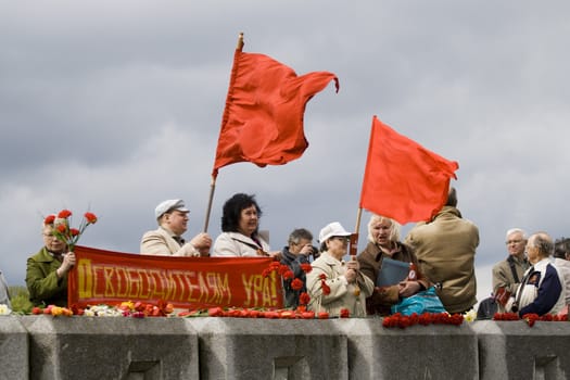 RIGA, LATVIA, MAY 9, 2009: Celebration of May 9 Victory Day (Eastern Europe) in Riga at Victory Memorial to Soviet Army