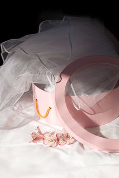 Pink box and bride's veil over white in shadows