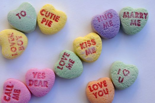 An isolated shot of Love Heart Candy in different colors