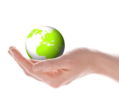 the globe in your hands concept with planet earth isolated on white