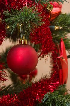 Red ball on Christmas branch