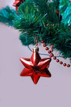 Red star on Christmas tree branch