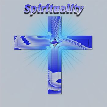 Spirituality concept illustrated with a glowing cross in blue - a raster illustration.