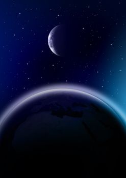 Outer space illustration with earth and moon.