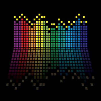 Rainbow music graphic equaliser with reflection in black background