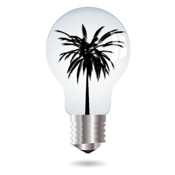 environmental themed image with a light bulb and silhouette palm tree