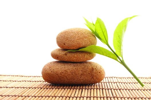 zen stone with leaf and bokeh copyspace showing spa concept