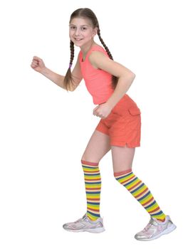 Girl in a T-shirt runs on a white background