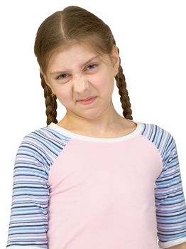 Wrinkled girl in a T-shirt on a white background