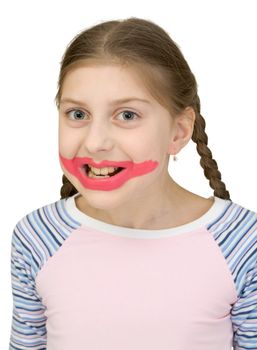 Girl playing the clown on a white background