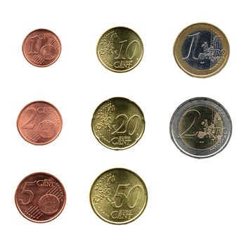 Full range of Euro coins isolated on white