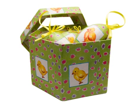 Close-up of an easter present box with eggs isolated on white background