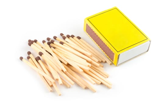 Matches next to a closed matchbox on a white background with copy space