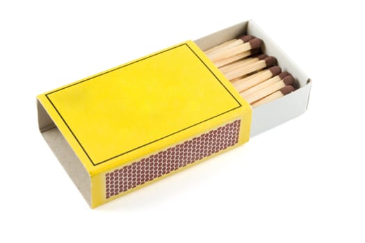 Matches in a matchbox on a white background with copy space