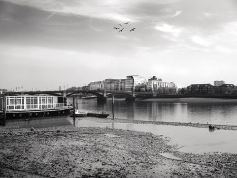 River with house boat and buildings