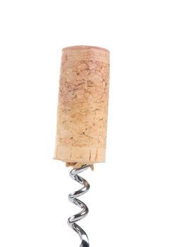 corkscrew for opening wine bottles with wine cork isolated on white