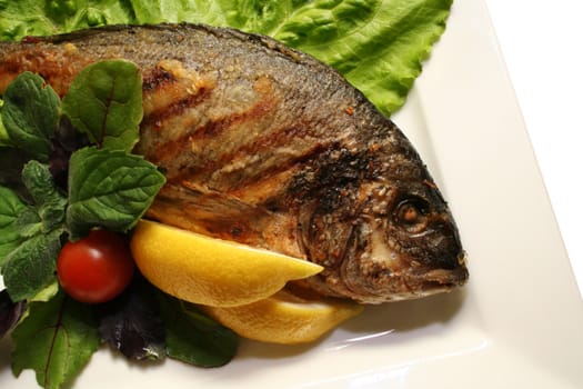Grill a fish with salad on a dish