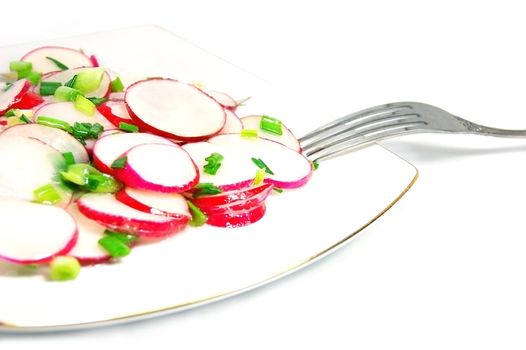 Salad from radish, green onion on plate with fork