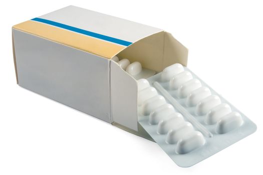 Two strips of Medication in a box on a white background with copy space