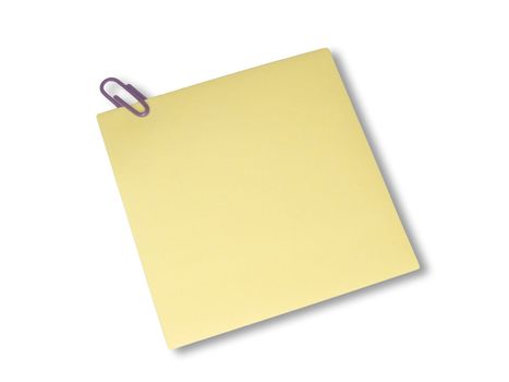 Yellow not and paperclip on a white background