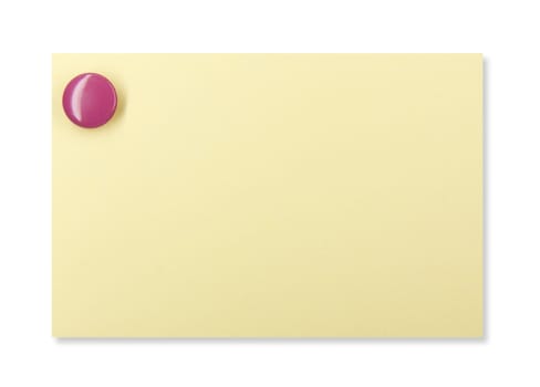 Purple pushpin holding up a yellow note